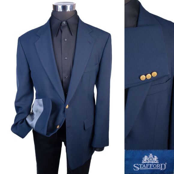 Stafford 42R Navy Blue Wool Blend Gold Button Mens Blazer Sport Coat Jacket - Picture 1 of 13